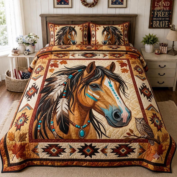 Tribal Spirit quilted 3-piece bedding set on a made bed with two matching pillow shams