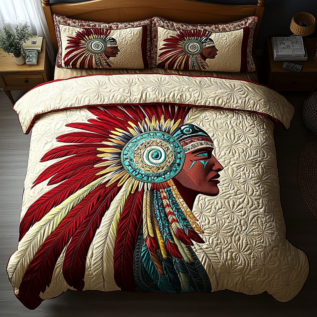 Tribal Spirit quilted 3-piece bedding set on a made bed with two matching pillow shams