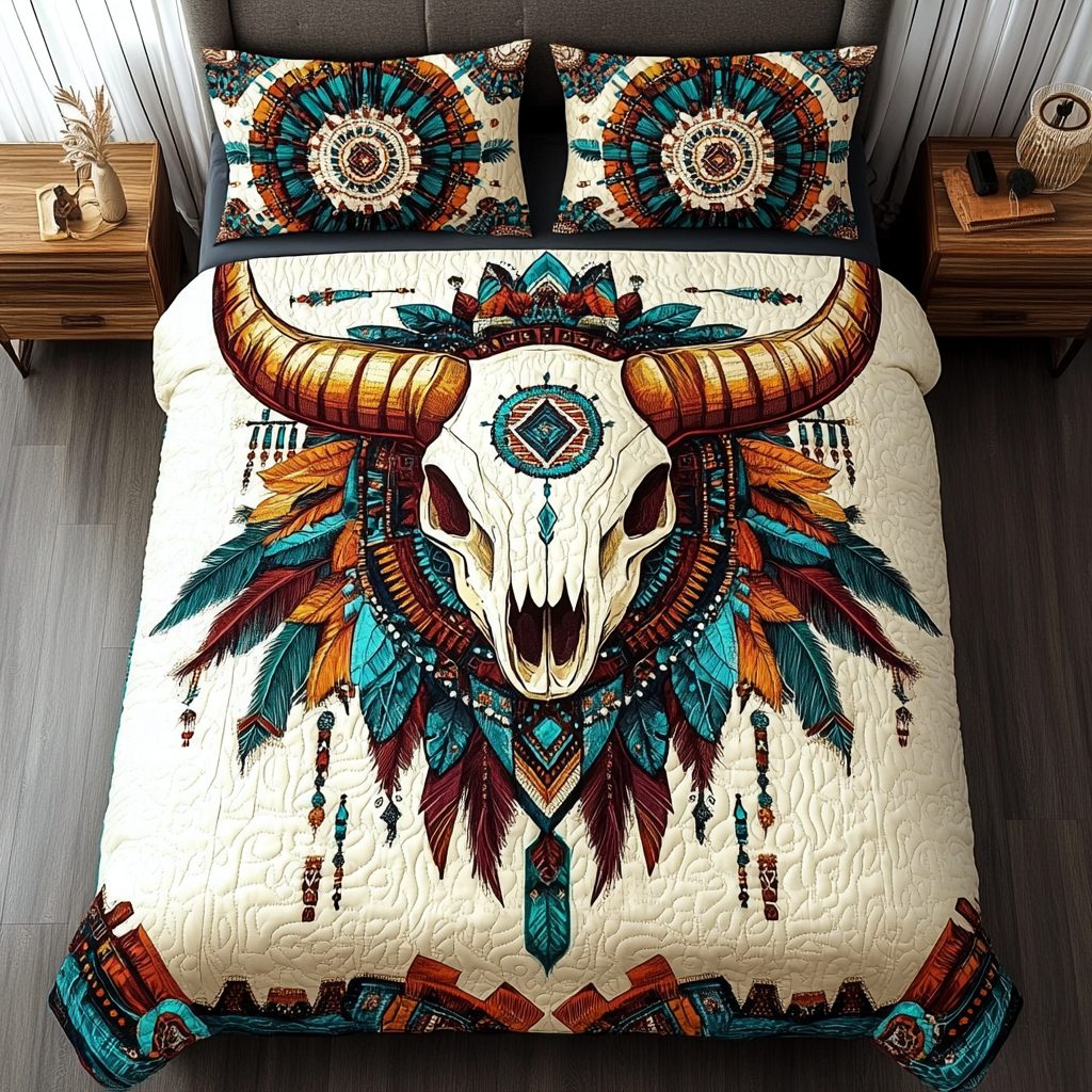 Tribal Spirit quilted 3-piece bedding set on a made bed with two matching pillow shams