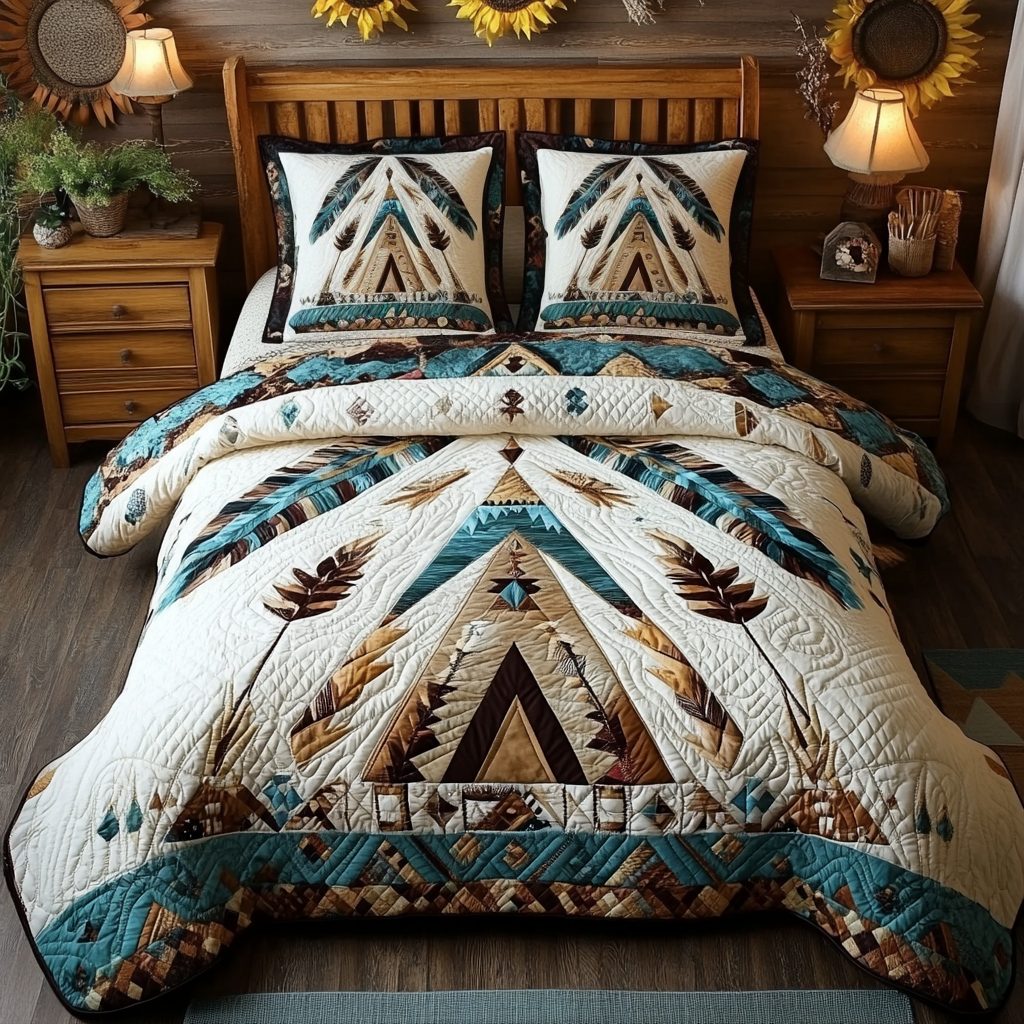 Tribal Spirit quilted 3-piece bedding set on a made bed with two matching pillow shams