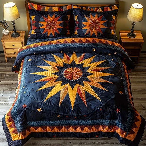 Tribal Sunrise quilted 3-piece bedding set on a made bed with two matching pillow shams