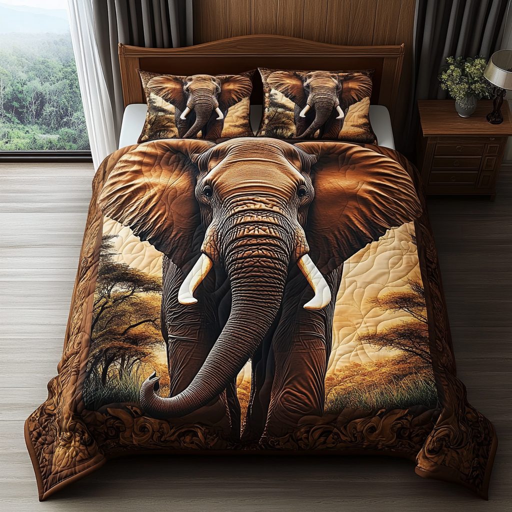 Tribal Titan quilted 3-piece bedding set on a made bed with two matching pillow shams