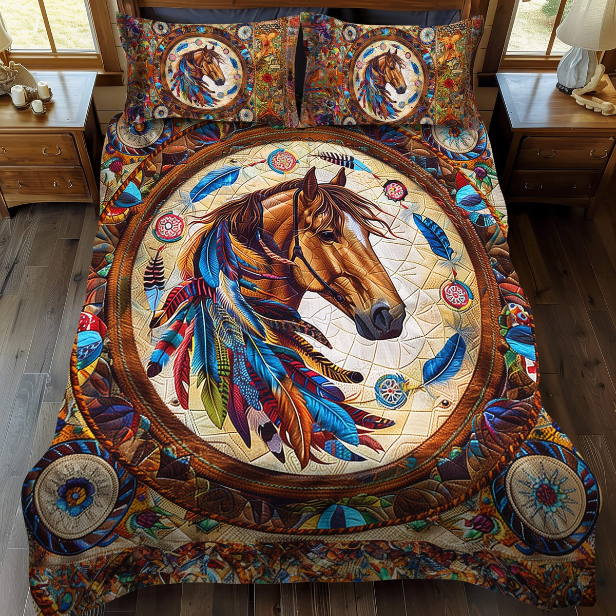 Tribal Trot quilted 3-piece bedding set on a made bed with two matching pillow shams