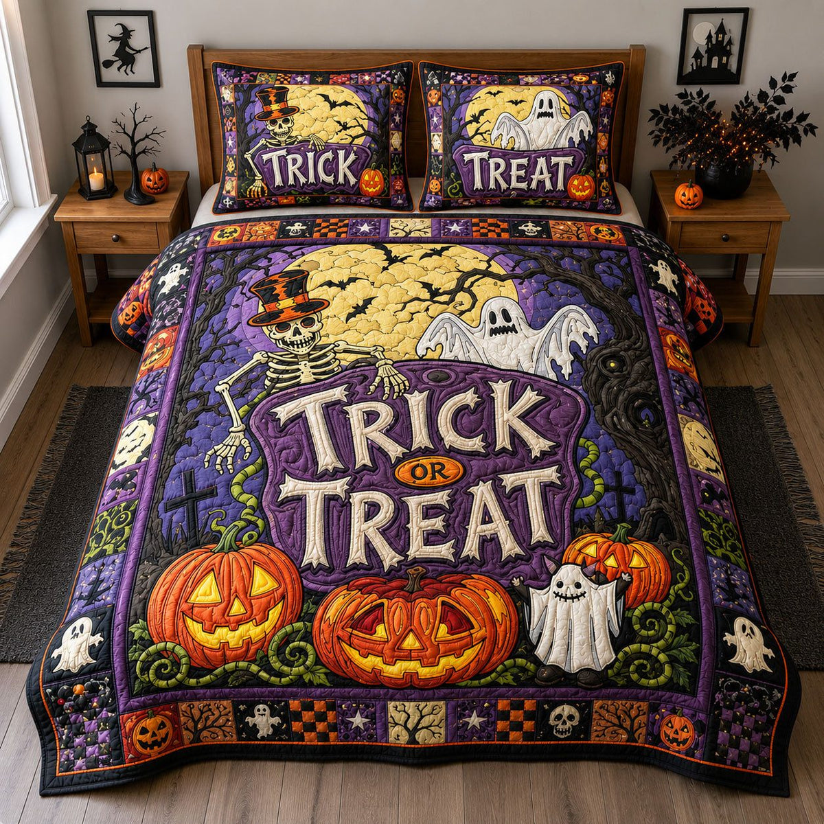 Trick Or Treat Graveyard quilted 3-piece bedding set on a made bed with two matching pillow shams