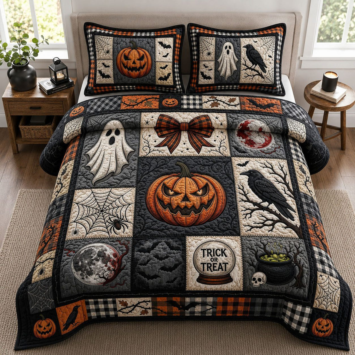 Trick Or Treat quilted 3-piece bedding set on a made bed with two matching pillow shams