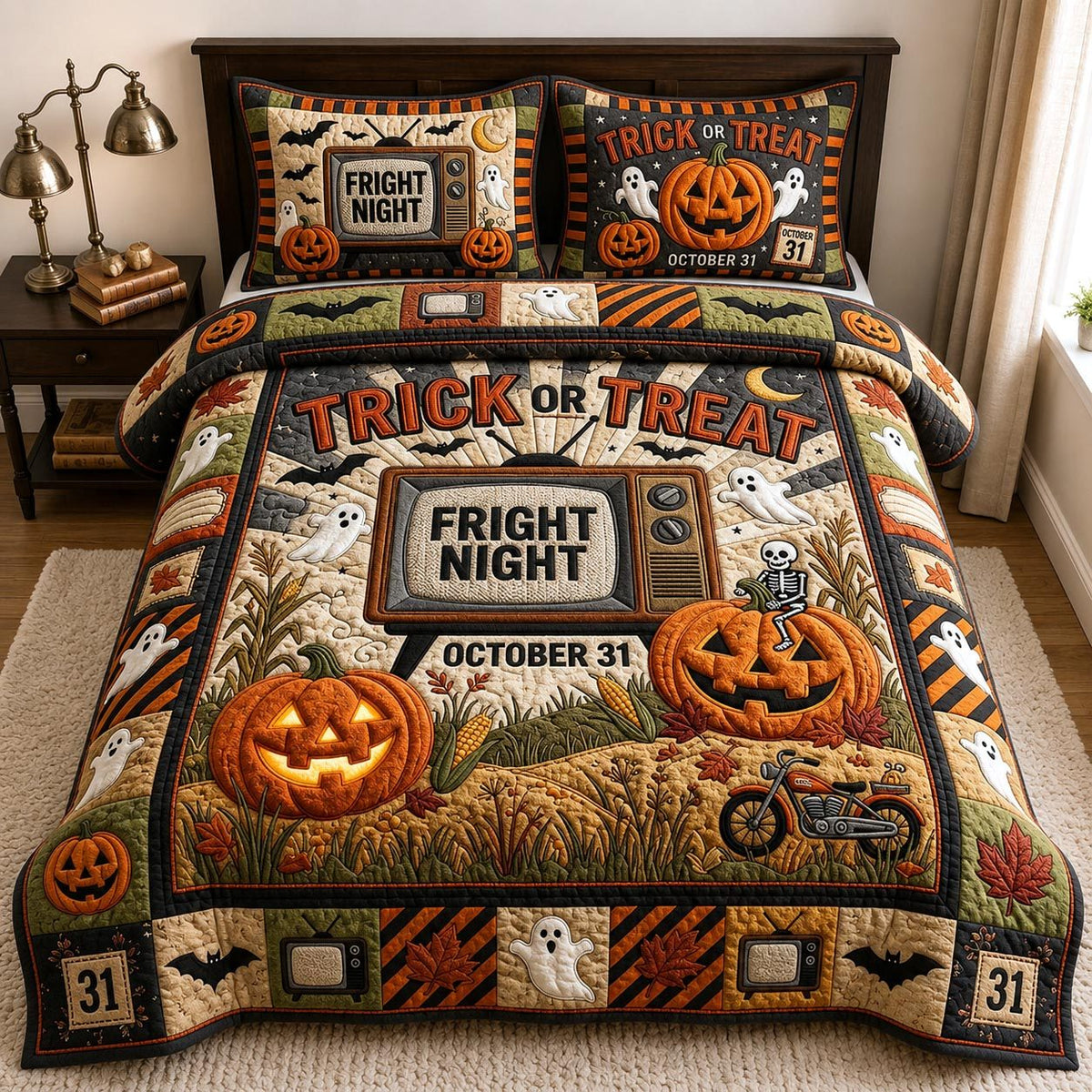 Trick Treat quilted 3-piece bedding set on a made bed with two matching pillow shams