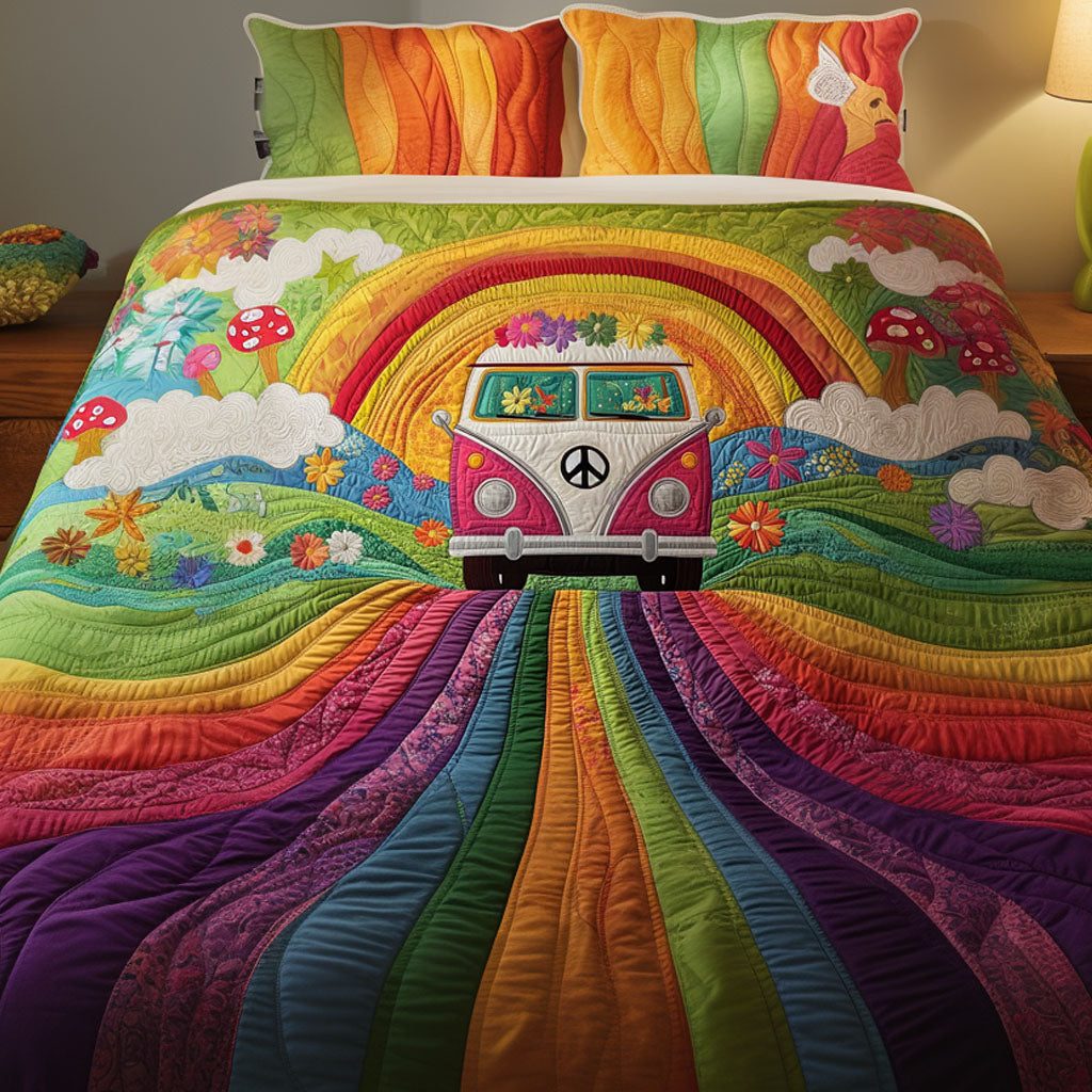 Trippy Hippie Van quilted 3-piece bedding set on a made bed with two matching pillow shams