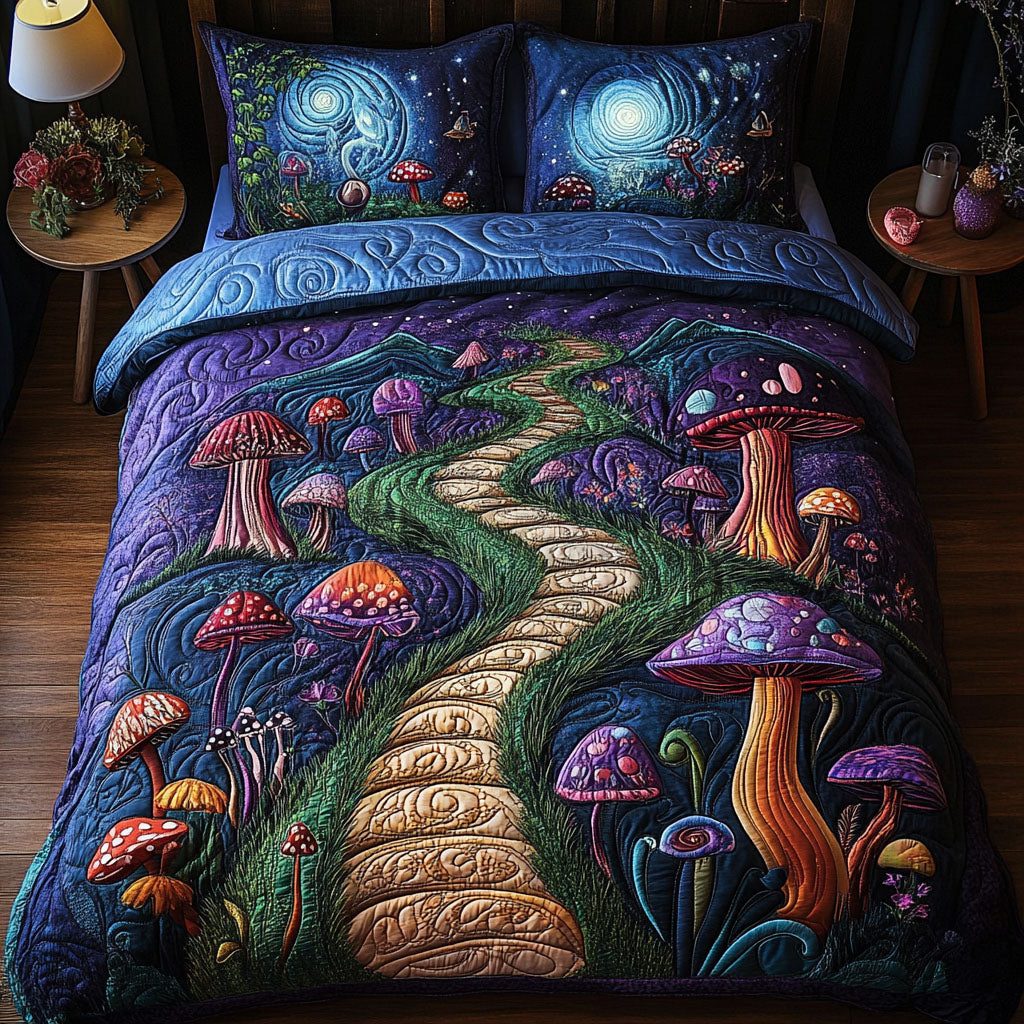 Trippy Peace Escape quilted 3-piece bedding set on a made bed with two matching pillow shams