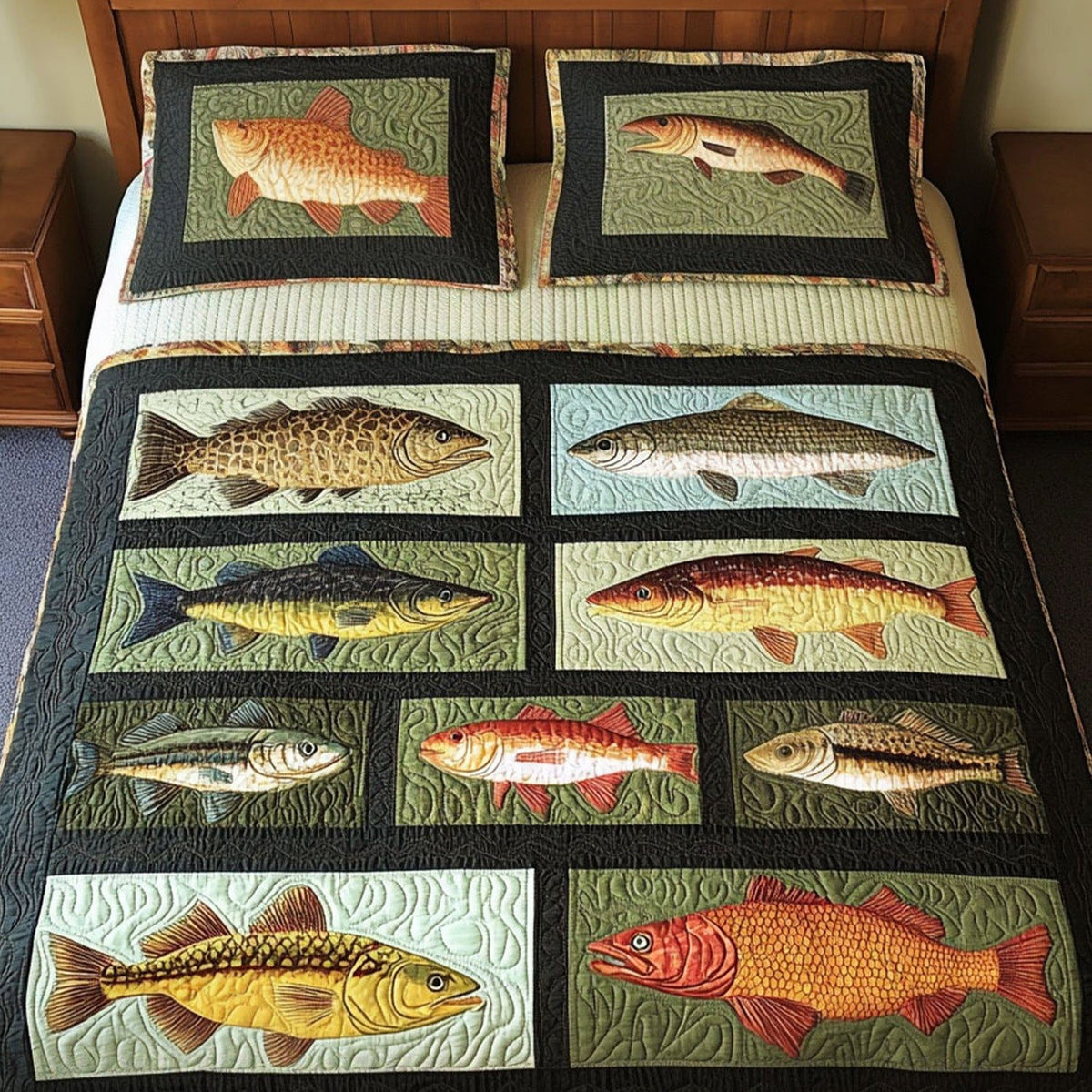 Trolling Tales quilted 3-piece bedding set on a made bed with two matching pillow shams