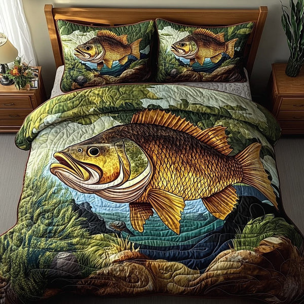 Trophy Catch quilted 3-piece bedding set on a made bed with two matching pillow shams