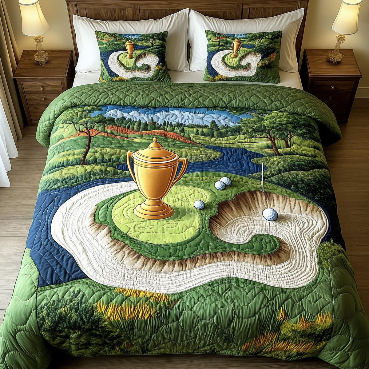 Trophy Dreams quilted 3-piece bedding set on a made bed with two matching pillow shams