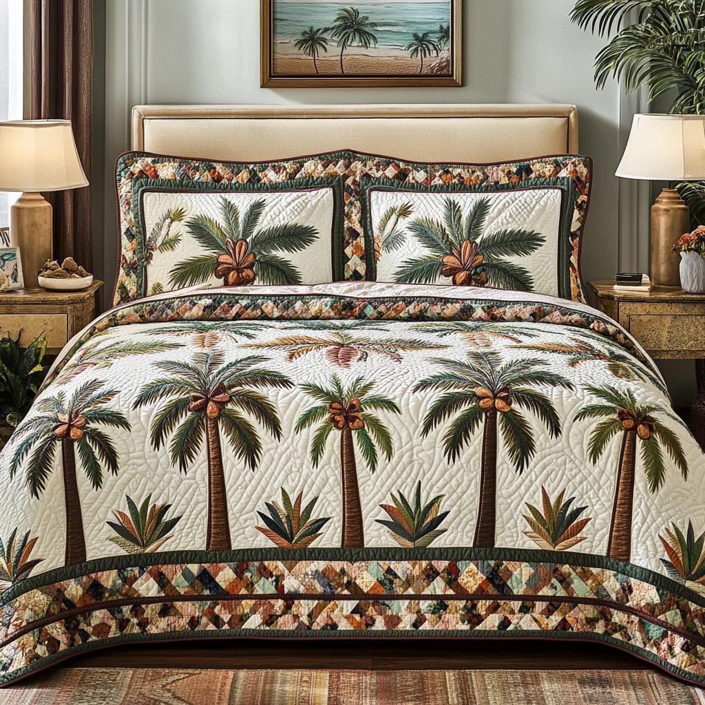 Tropic Touch quilted 3-piece bedding set on a made bed with two matching pillow shams