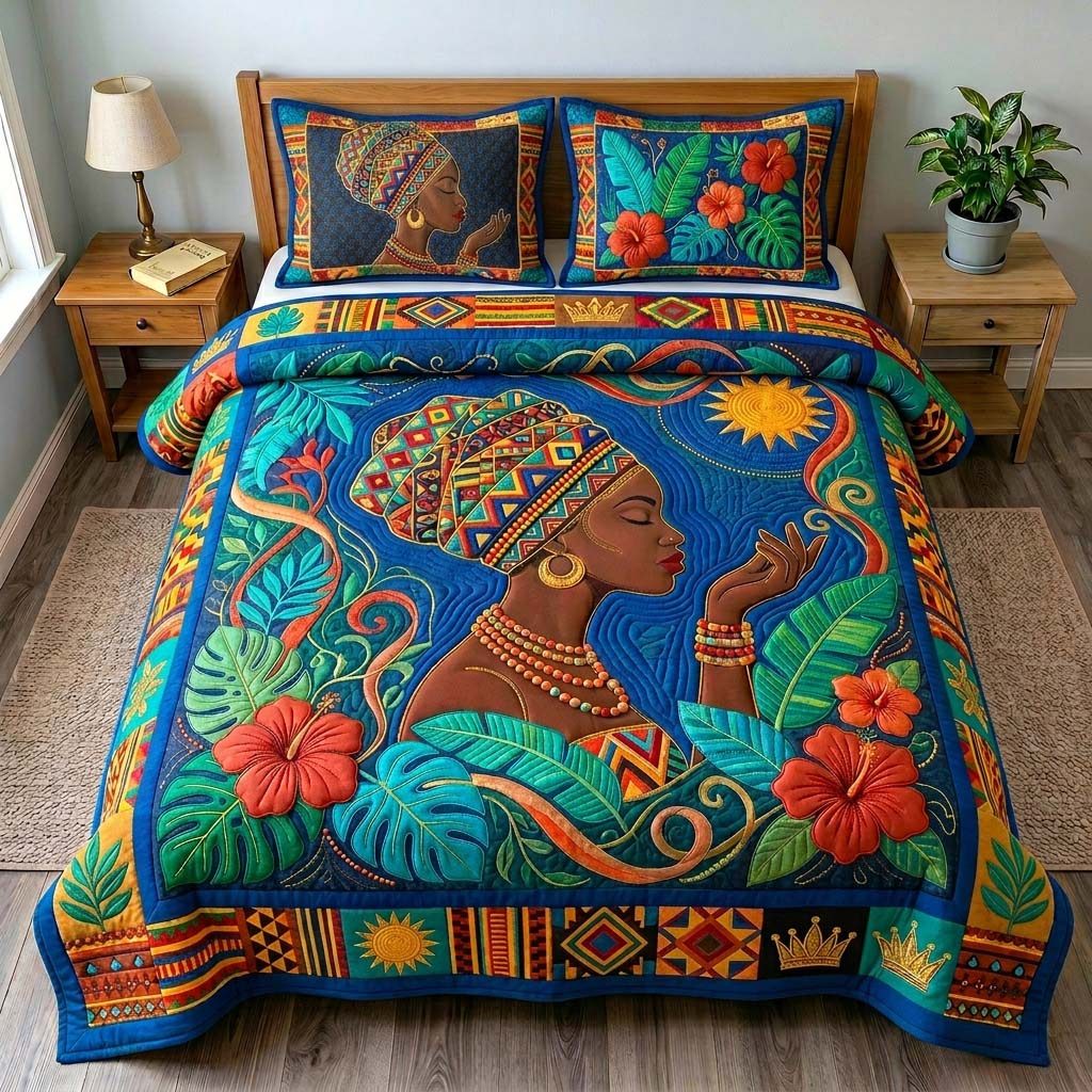 Tropical Afro Bloom quilted 3-piece bedding set on a made bed in a light coastal bedroom