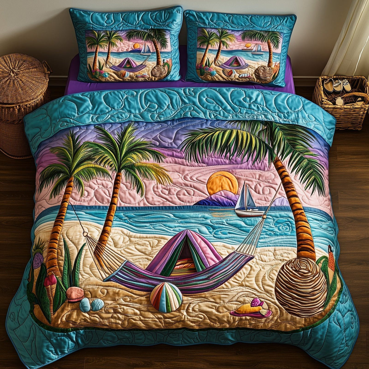 Tropical Beach Vibe quilted 3-piece bedding set on a made bed in a light coastal bedroom