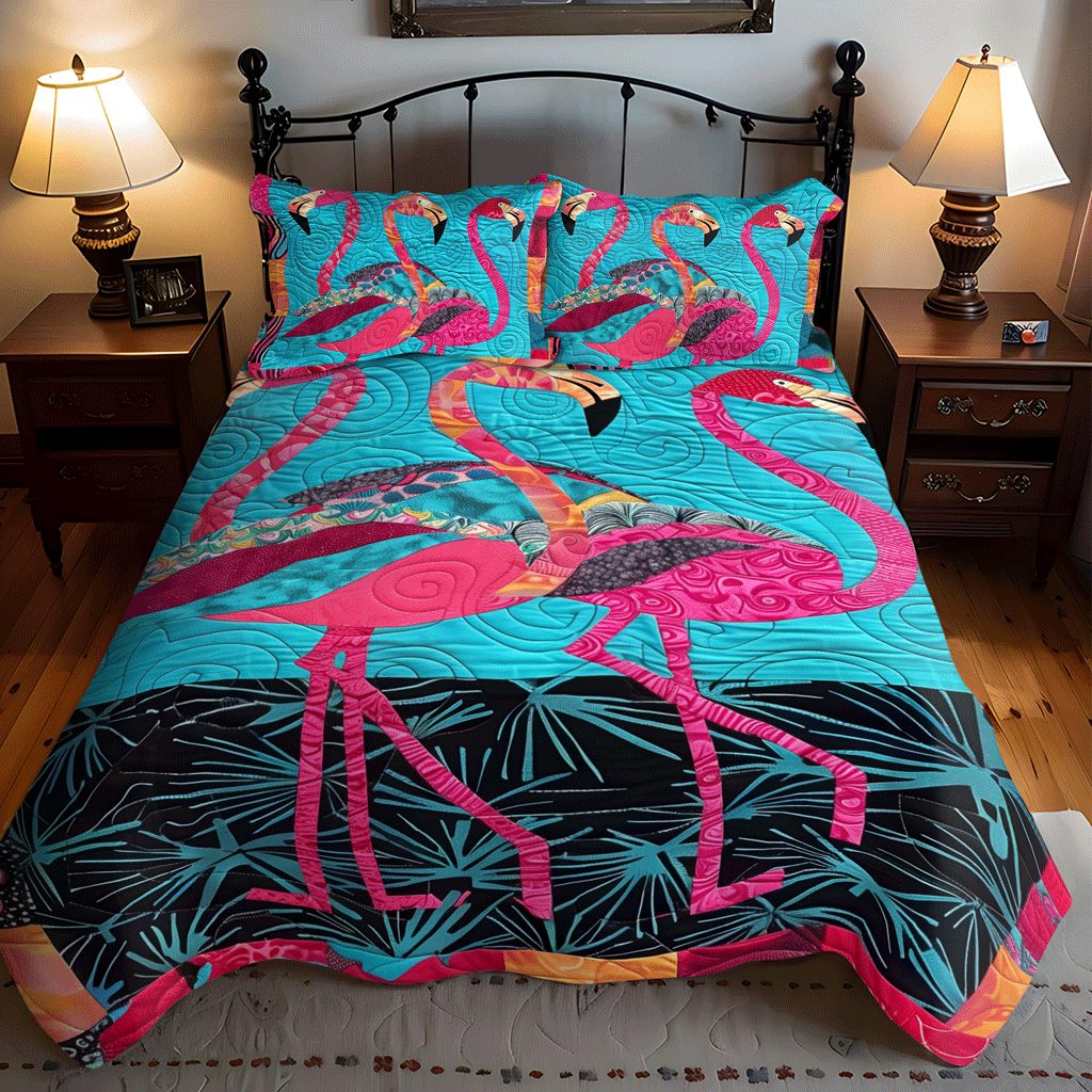 Tropical Bliss quilted 3-piece bedding set on a made bed in a light coastal bedroom