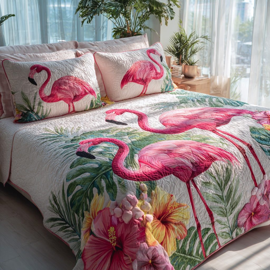 Tropical Bloom quilted 3-piece bedding set on a made bed in a light coastal bedroom