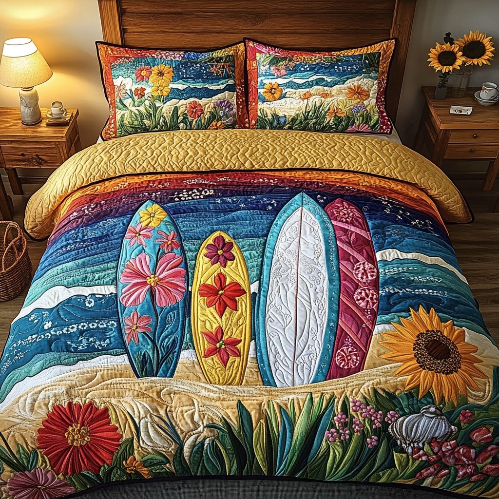 Tropical Break quilted 3-piece bedding set on a made bed in a light coastal bedroom
