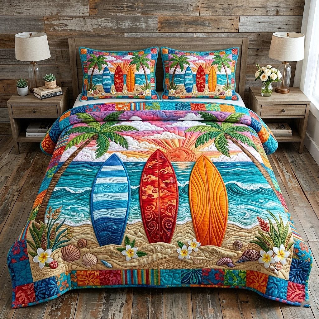 Tropical Breeze quilted 3-piece bedding set on a made bed in a light coastal bedroom