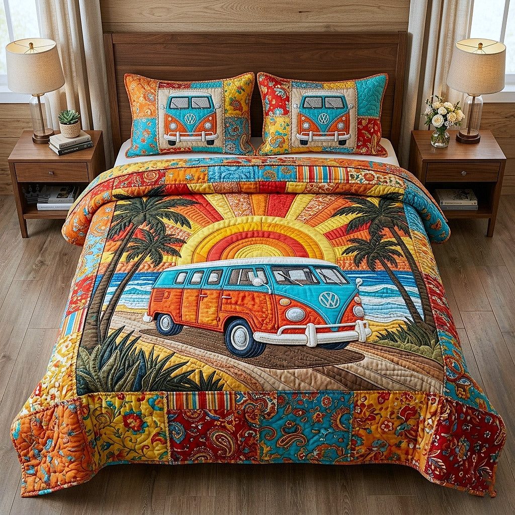 Tropical Breeze quilted 3-piece bedding set on a made bed in a light coastal bedroom
