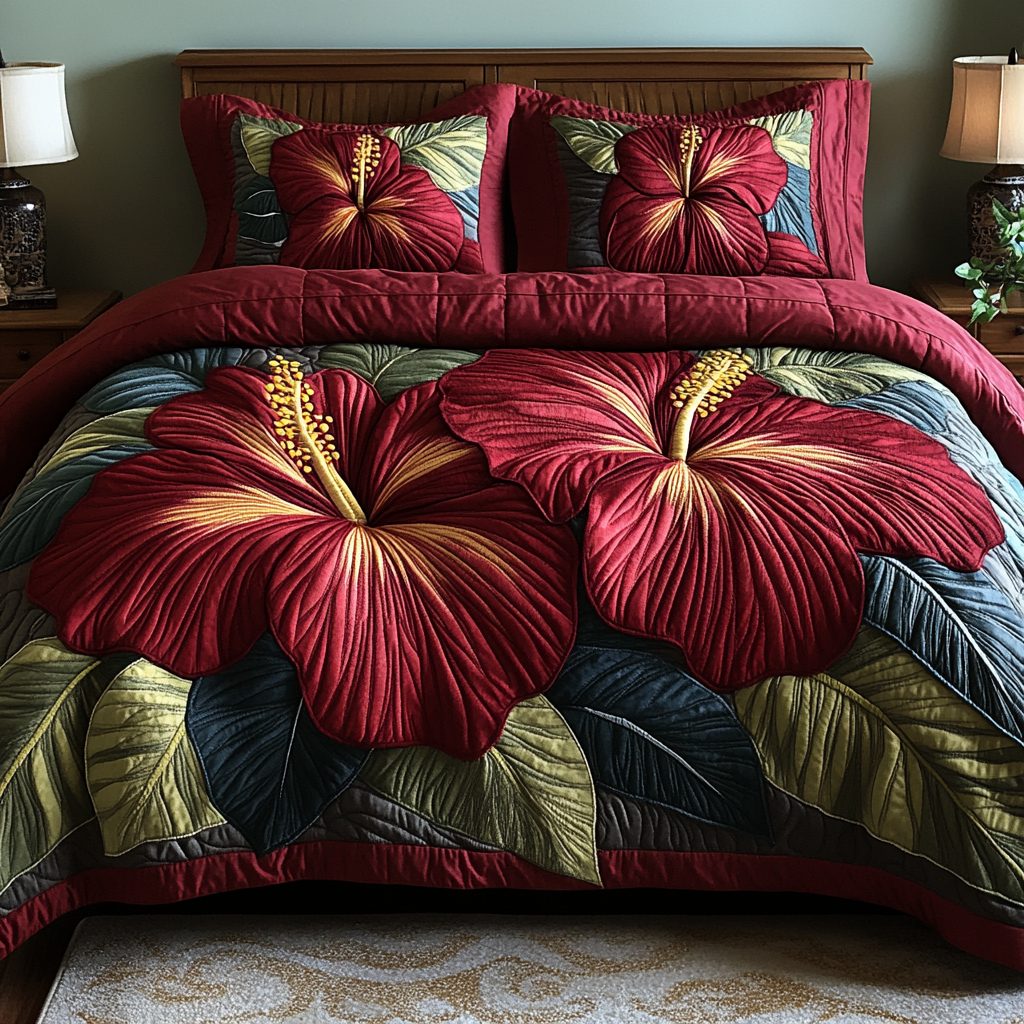 Tropical Charm quilted 3-piece bedding set on a made bed in a light coastal bedroom