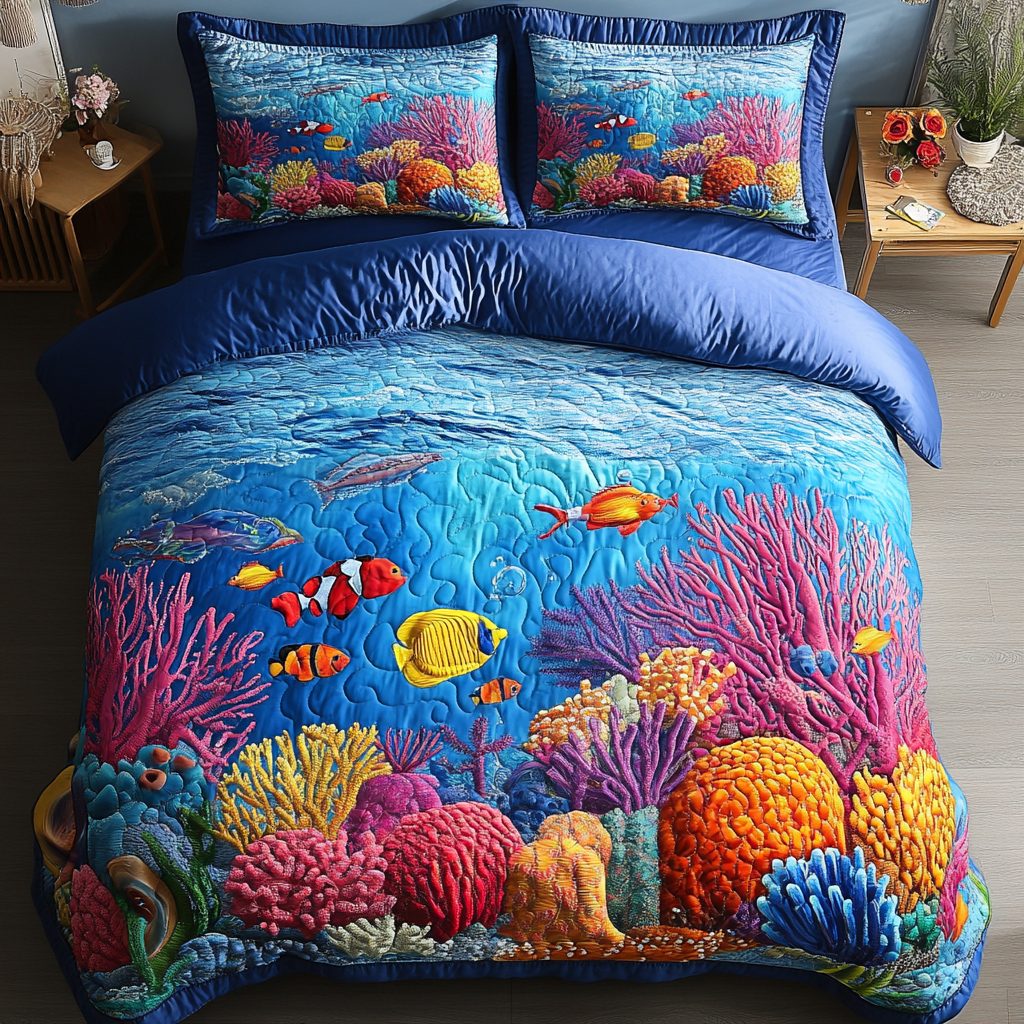 Tropical Coral quilted 3-piece bedding set on a made bed in a light coastal bedroom