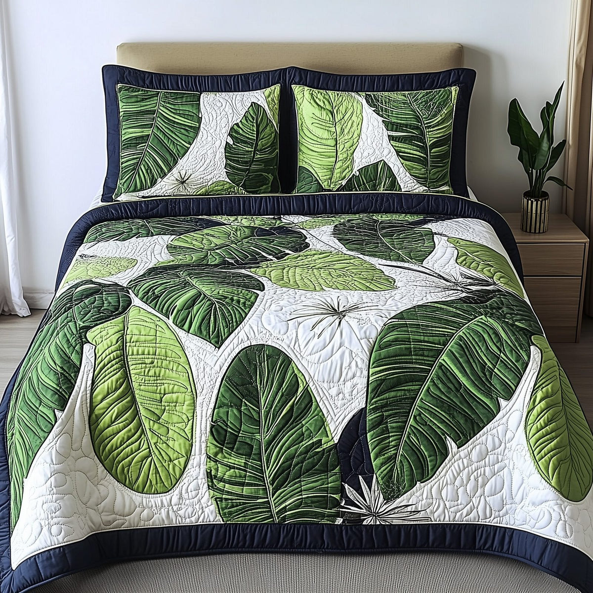 Tropical Dream quilted 3-piece bedding set on a made bed in a light coastal bedroom