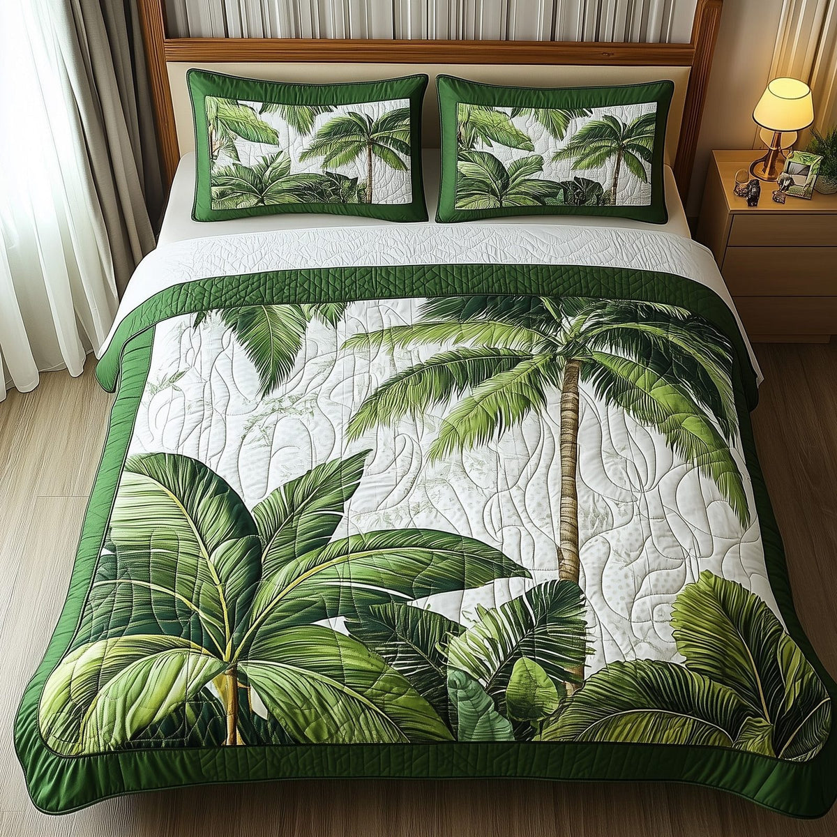 Tropical Dream quilted 3-piece bedding set on a made bed in a light coastal bedroom