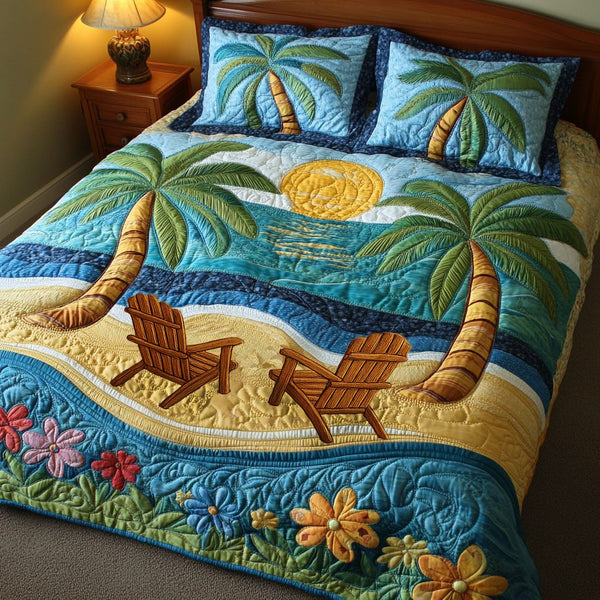 Tropical Dream quilted 3-piece bedding set on a made bed in a light coastal bedroom