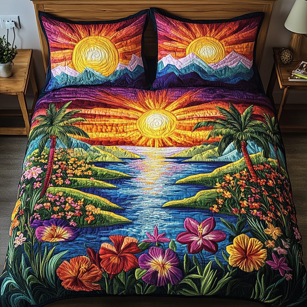Tropical Dream quilted 3-piece bedding set on a made bed in a light coastal bedroom