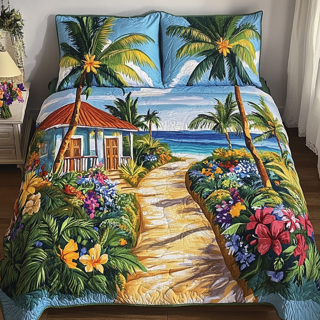 Tropical Dreams quilted 3-piece bedding set on a made bed in a light coastal bedroom