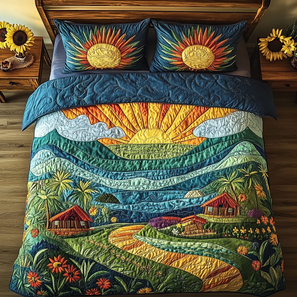 Tropical Dreams quilted 3-piece bedding set on a made bed in a light coastal bedroom