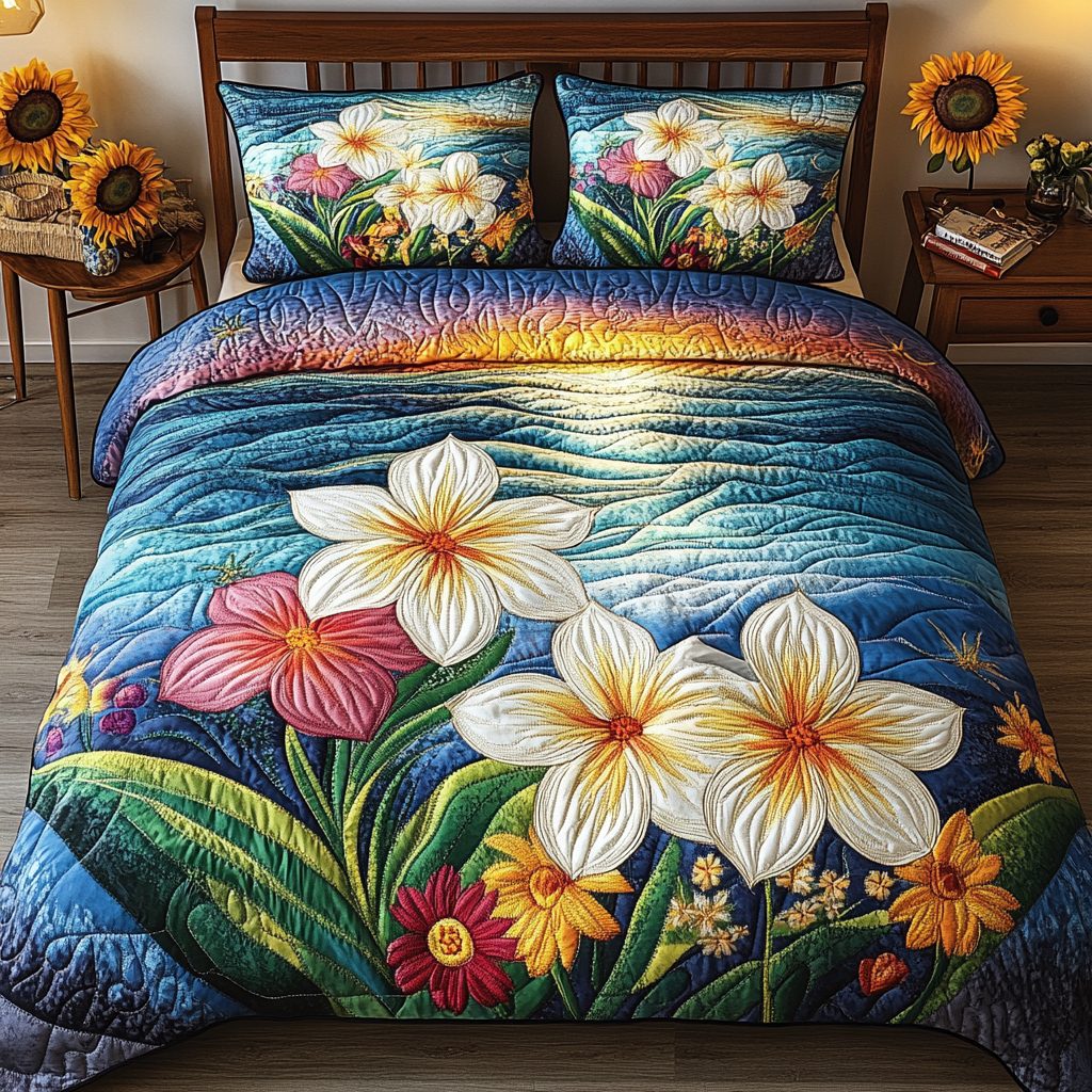 Tropical Dreams quilted 3-piece bedding set on a made bed in a light coastal bedroom