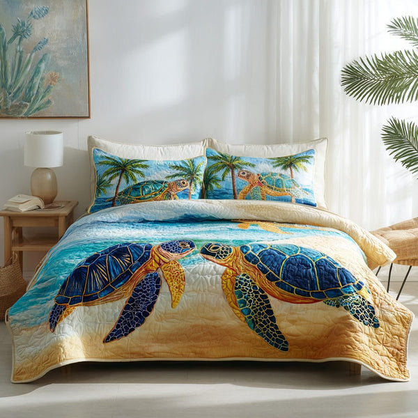 Tropical Drift quilted 3-piece bedding set on a made bed in a light coastal bedroom