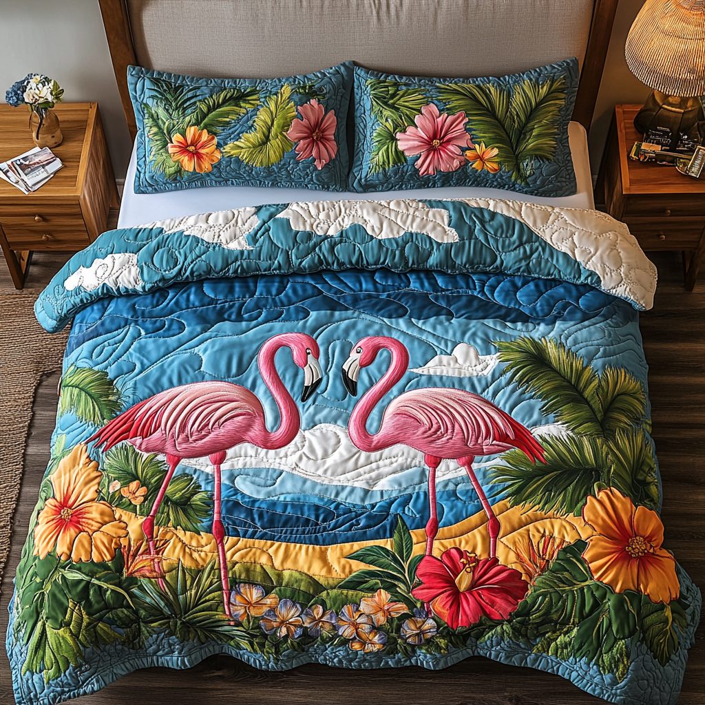 Tropical Elegance quilted 3-piece bedding set on a made bed in a light coastal bedroom