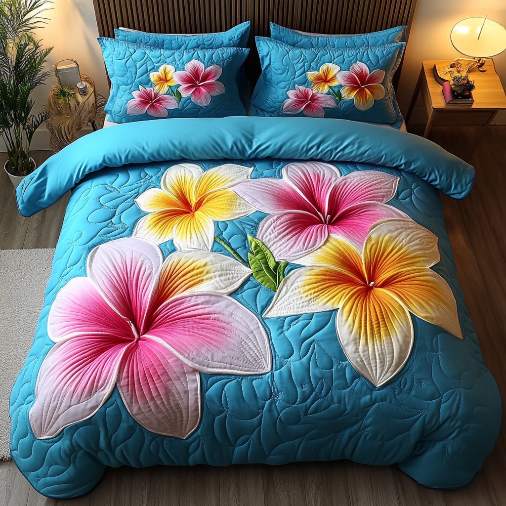 Tropical Elegance quilted 3-piece bedding set on a made bed in a light coastal bedroom
