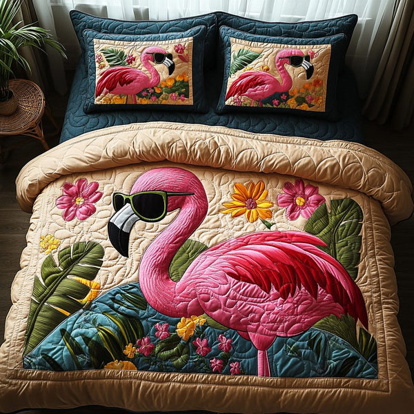Tropical Elegance quilted 3-piece bedding set on a made bed in a light coastal bedroom