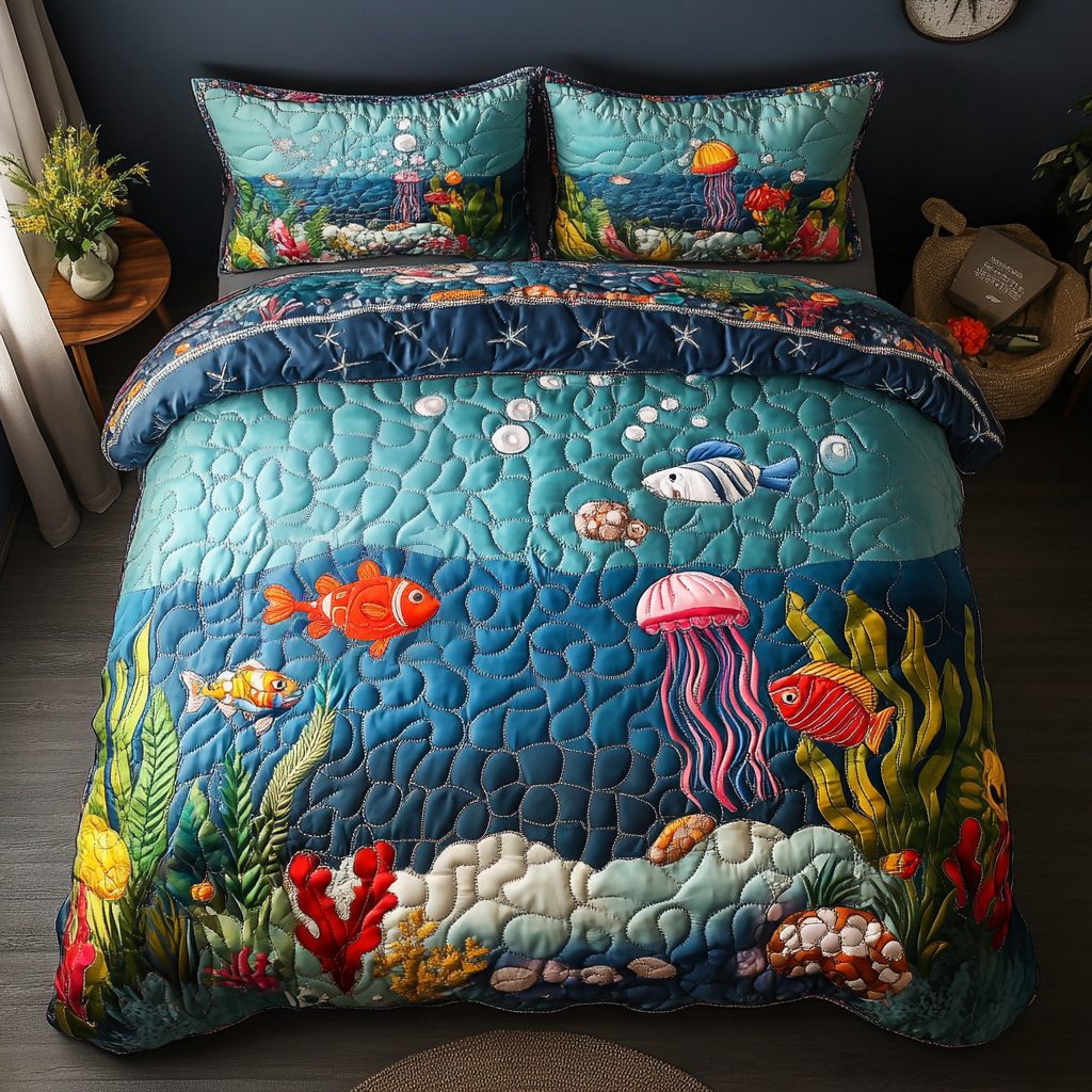 Tropical Escape quilted 3-piece bedding set on a made bed in a light coastal bedroom