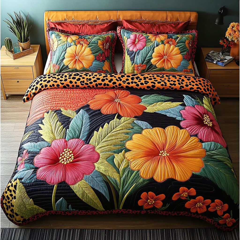 Tropical Escape quilted 3-piece bedding set on a made bed in a light coastal bedroom