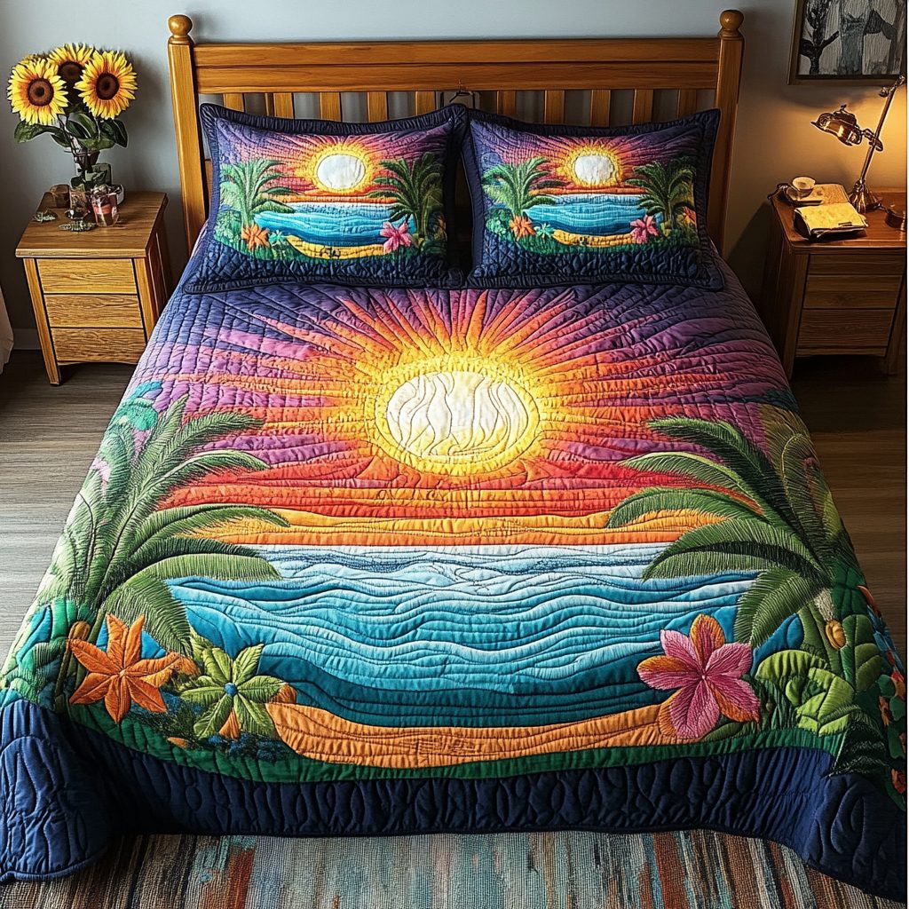 Tropical Escape quilted 3-piece bedding set on a made bed in a light coastal bedroom