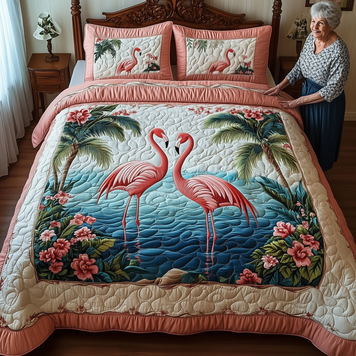 Tropical Flamingo Haven quilted 3-piece bedding set on a made bed in a light coastal bedroom