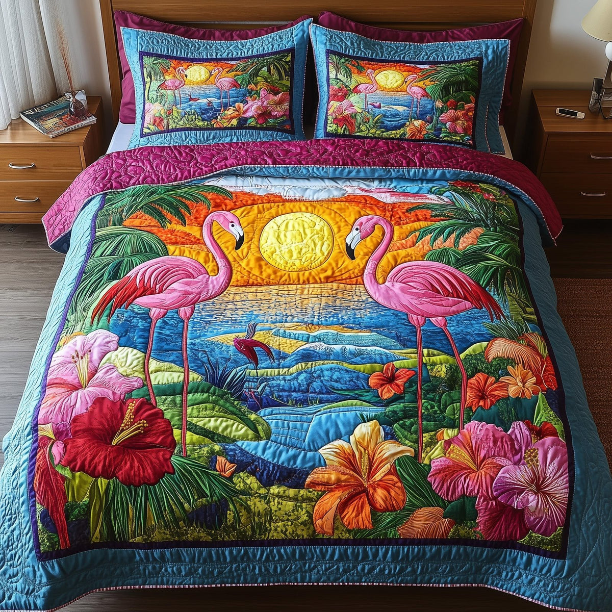 Tropical Flamingo quilted 3-piece bedding set on a made bed in a light coastal bedroom
