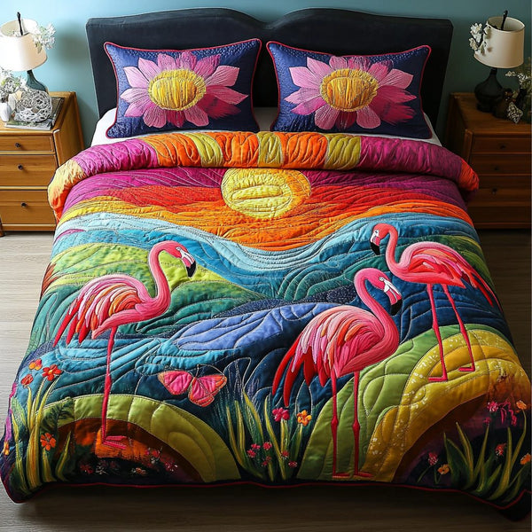 Tropical Flamingo quilted 3-piece bedding set on a made bed in a light coastal bedroom