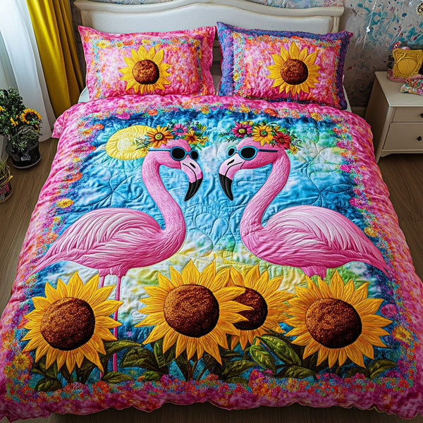 Tropical Flamingo quilted 3-piece bedding set on a made bed in a light coastal bedroom