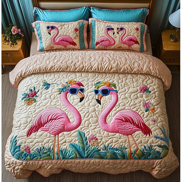 Tropical Flamingo quilted 3-piece bedding set on a made bed in a light coastal bedroom