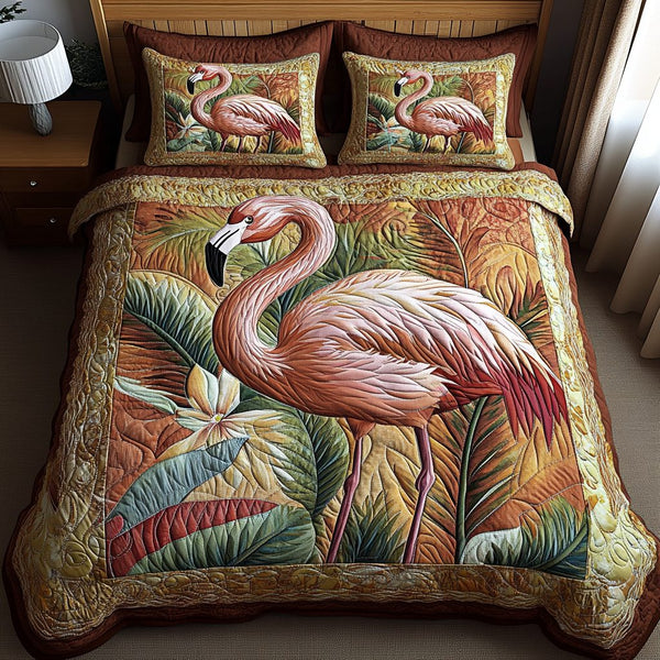 Tropical Flamingo quilted 3-piece bedding set on a made bed in a light coastal bedroom