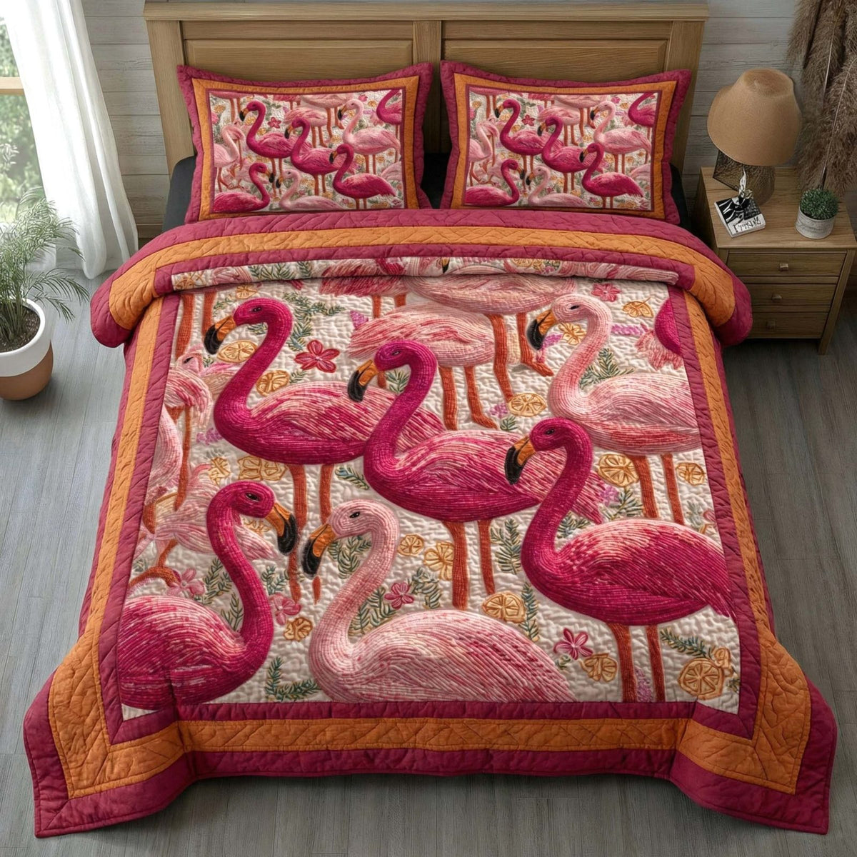 Tropical Flamingos quilted 3-piece bedding set on a made bed in a light coastal bedroom