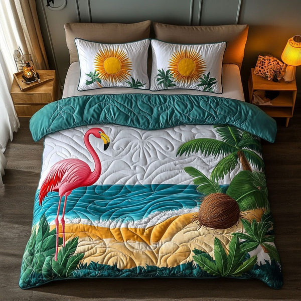Tropical Flamingos quilted 3-piece bedding set on a made bed in a light coastal bedroom