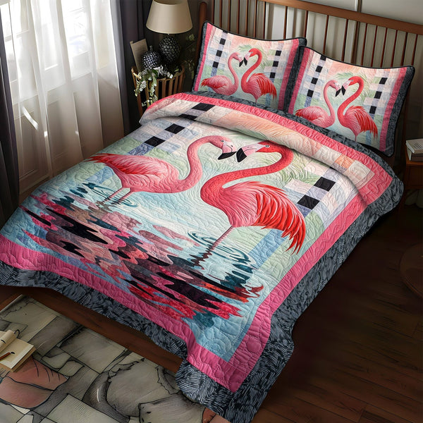 Tropical Flamingos quilted 3-piece bedding set on a made bed in a light coastal bedroom