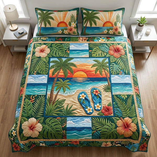 Tropical Flip Flops quilted 3-piece bedding set on a made bed in a light coastal bedroom