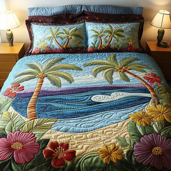 Tropical Getaway quilted 3-piece bedding set on a made bed in a light coastal bedroom